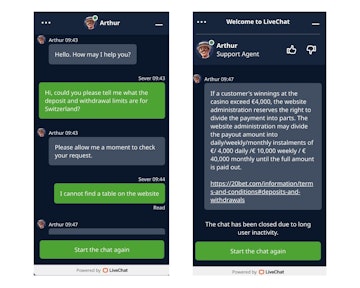 20Bet customer support screenshots