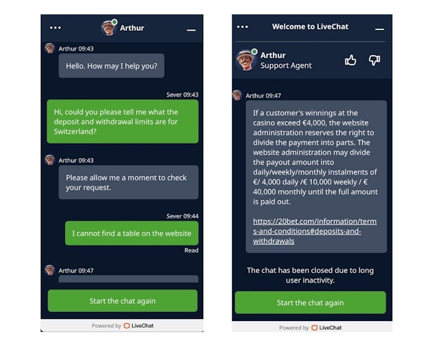 20Bet customer support screenshots