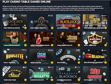 21 co uk table games menu