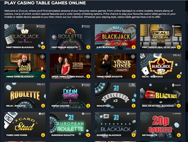 21 co uk table games menu