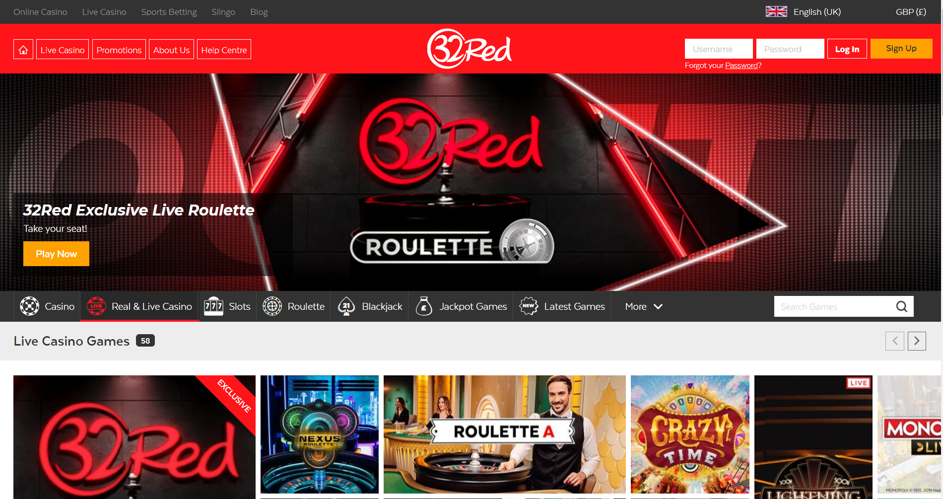 32 Red live casino page