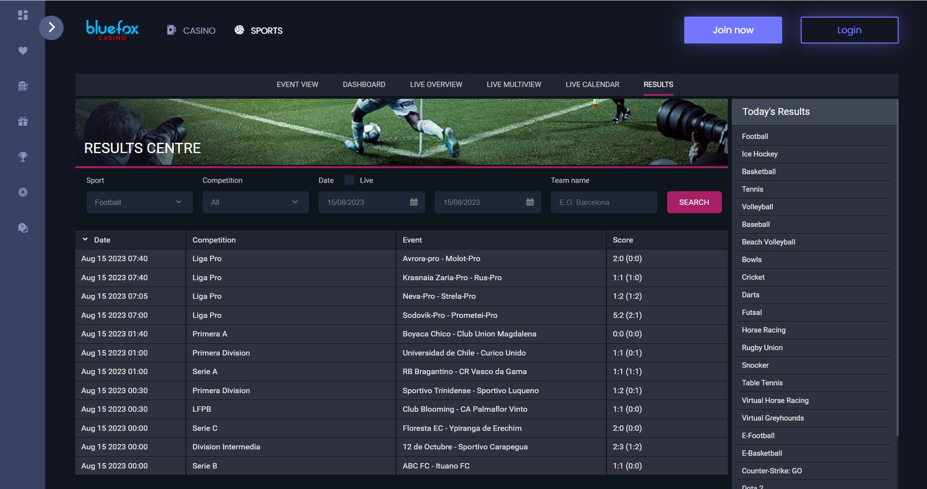 A full results centre keeps players up to date with results across all sports and events