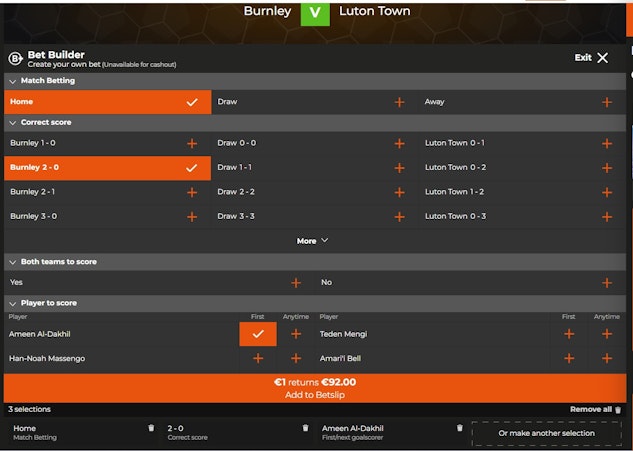 AK Bets Bet Builder is easy to use with selections added at the click of a button