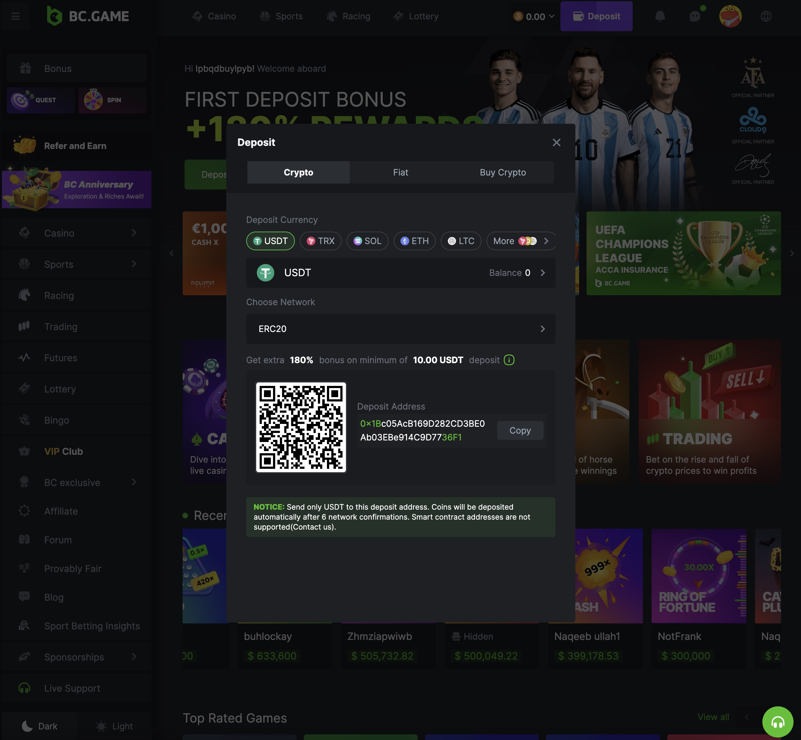 BC.GAME Crypto Deposits