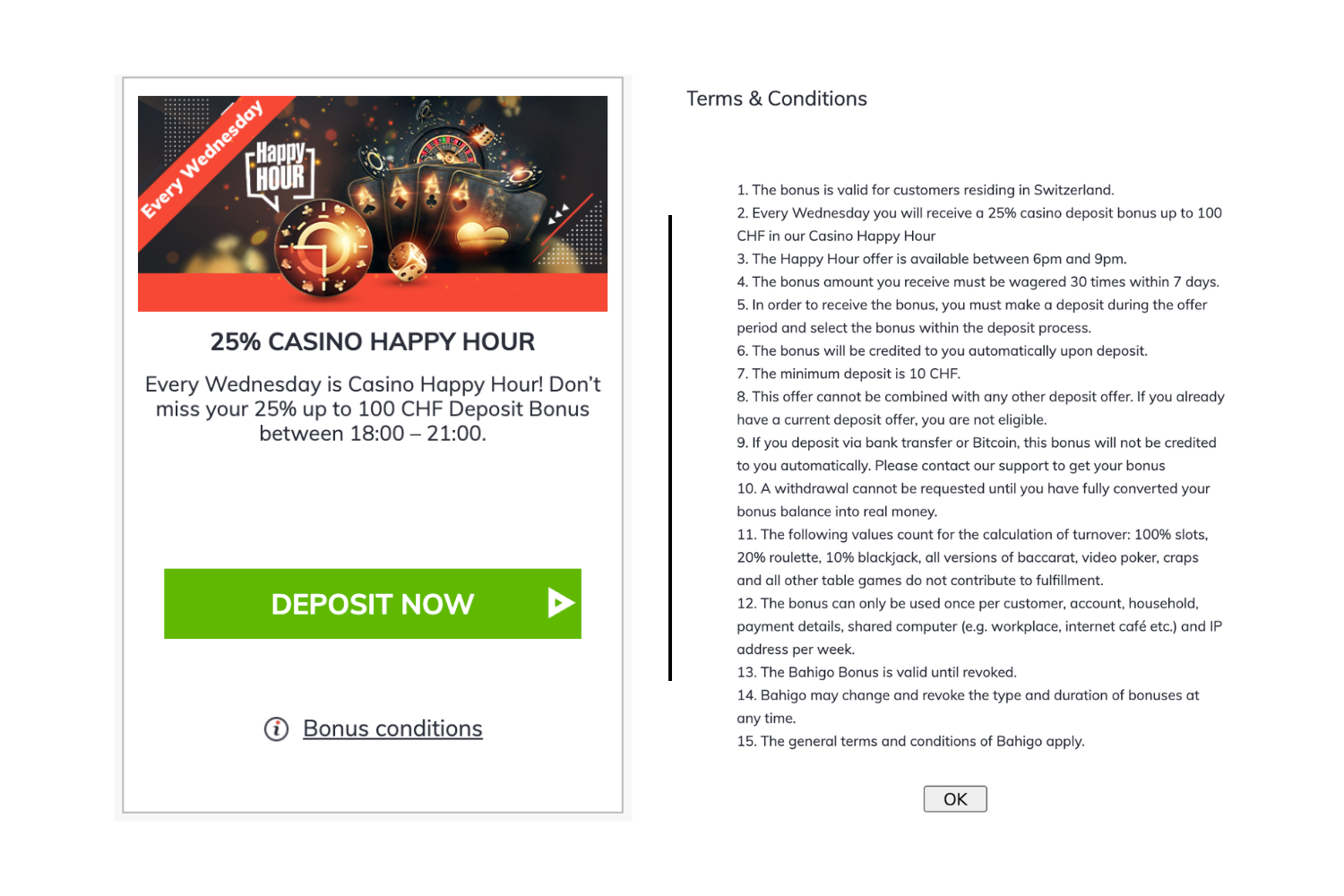 Bahigo 25% Casino Happy Hour Bonus and Conditions