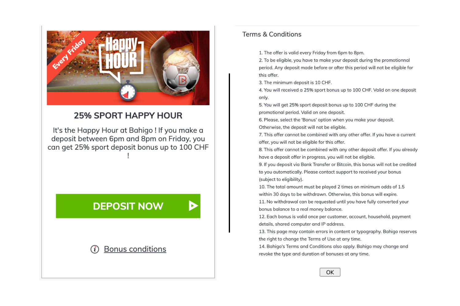 Bahigo 25% Sport Happy Hour Bonus and Conditions