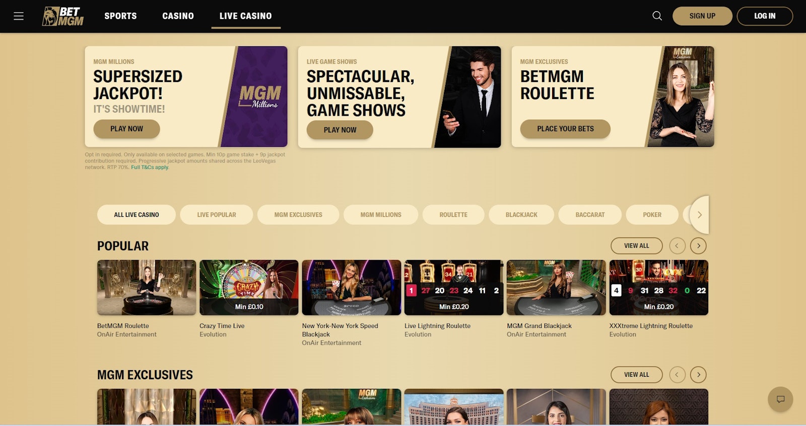 Bet MGM live casino homepage