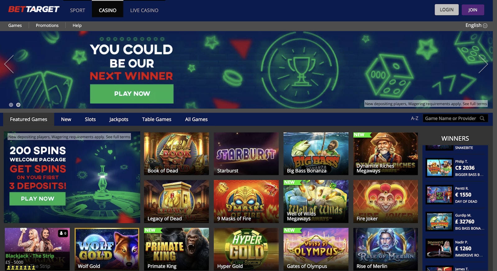 Bet Target Casino Home Page