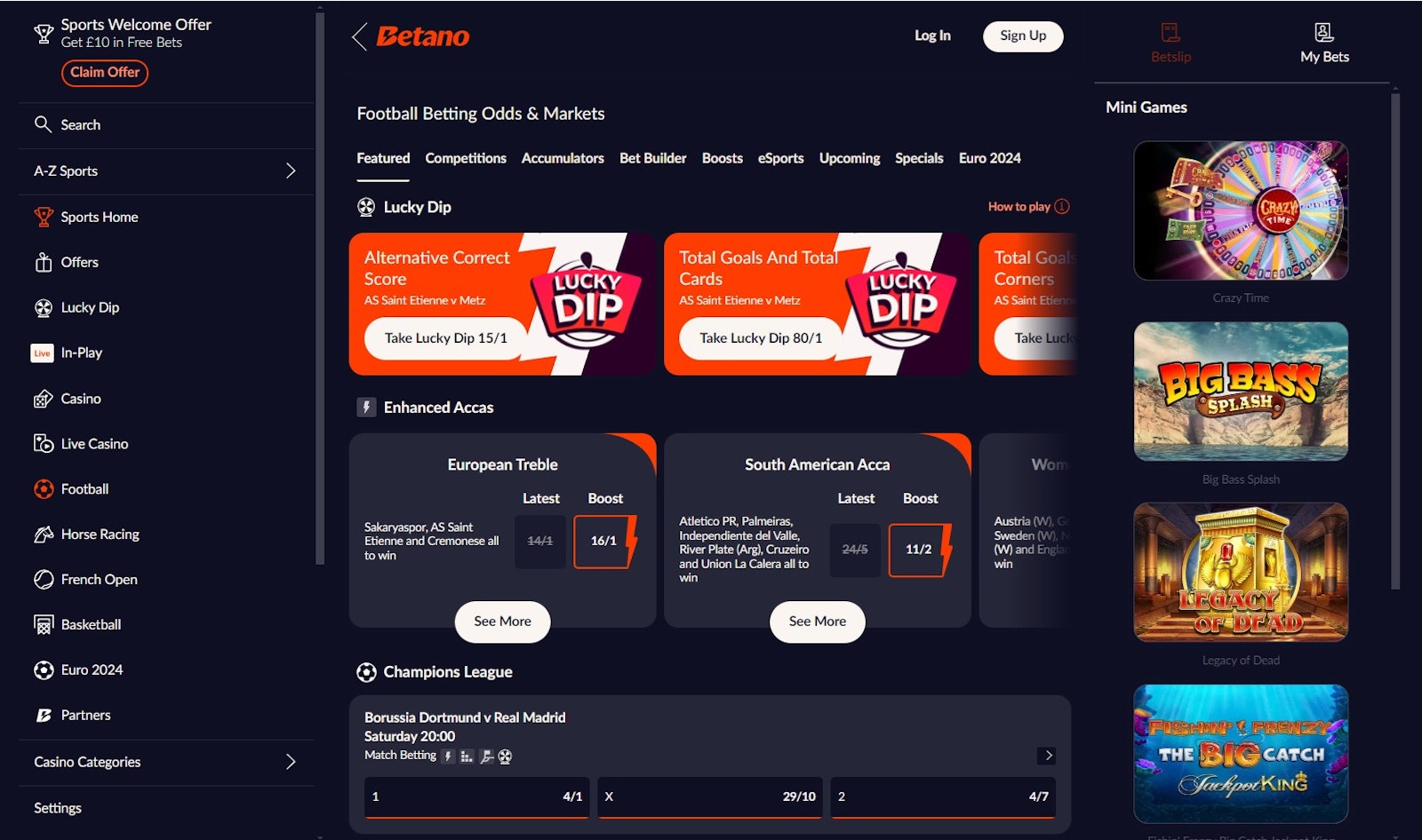 Betano football betting page