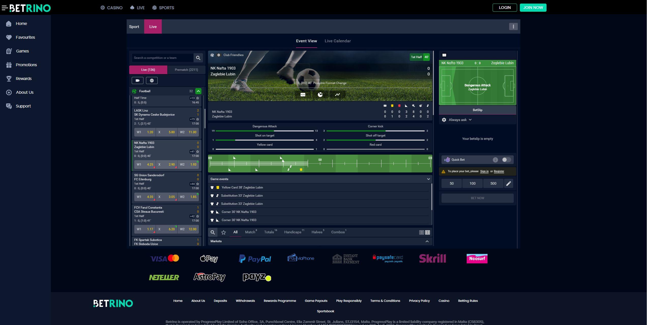 Betrino live betting