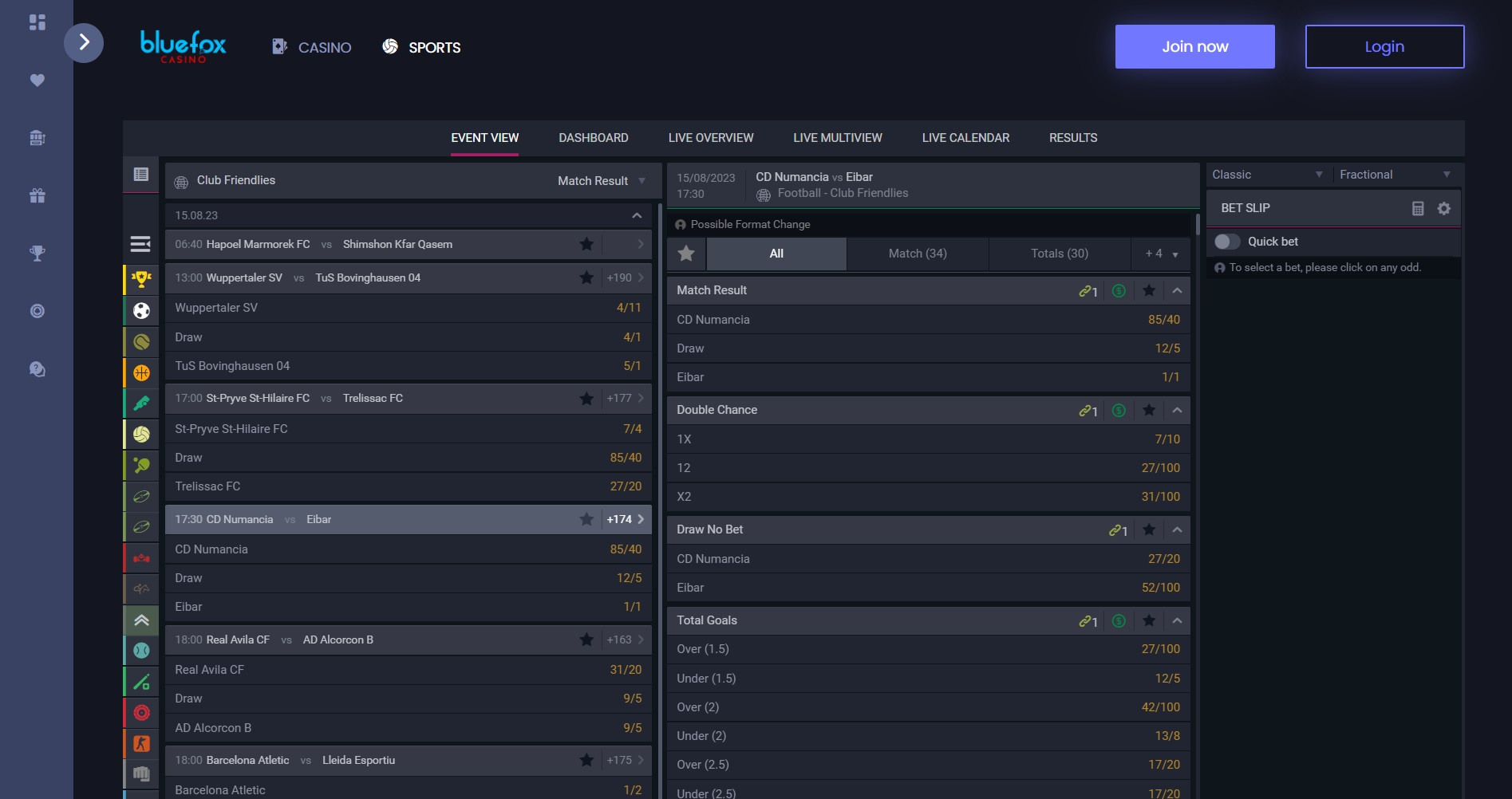 Bluefox Casinos sportsbook offers plenty of markets on football matches even friendlies