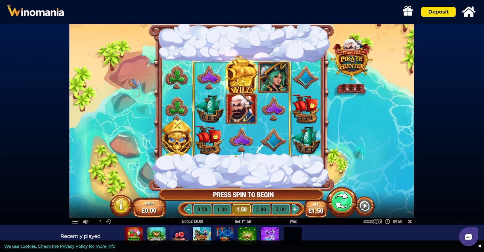 Captain Glum Pirate Hunter slot machine game interface at Winomania Casino showcasing bonus features and bet configurations.