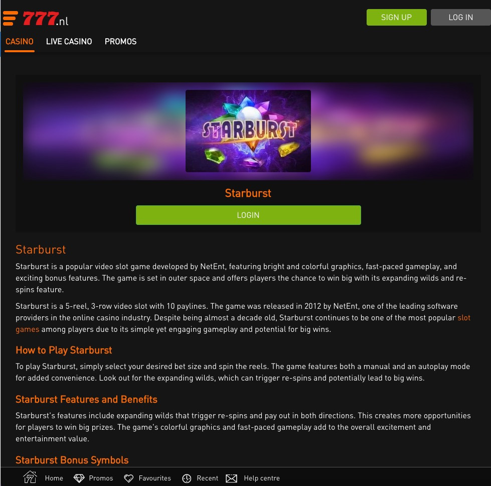 Casino777 NL Starburst Info