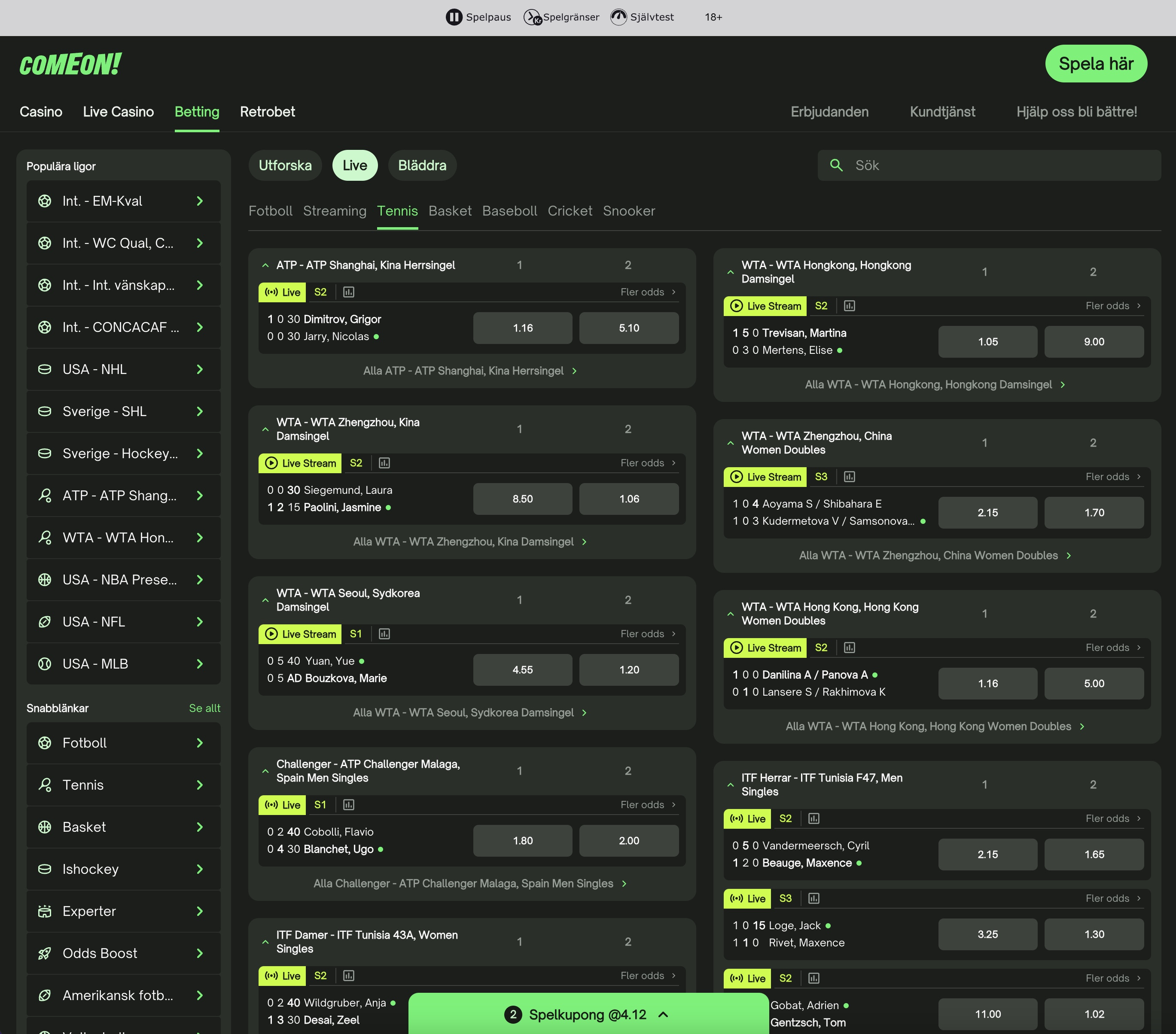 Come On Tennis Live Betting