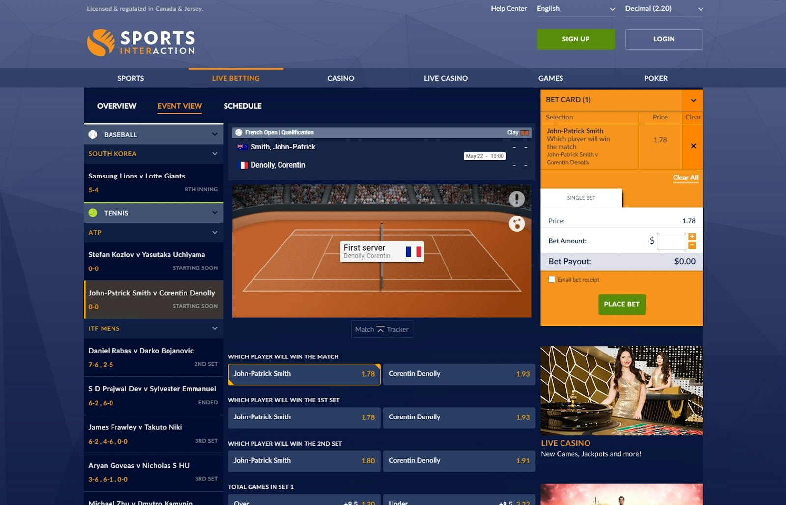 Sports Interaction Liveodds