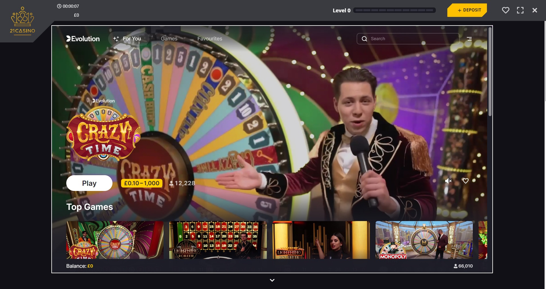 Crazy Time is one of the many live games features at 21 Casino All live games work well with friendly hosts although the odd video issue can cause issues with the picture quality of the stream