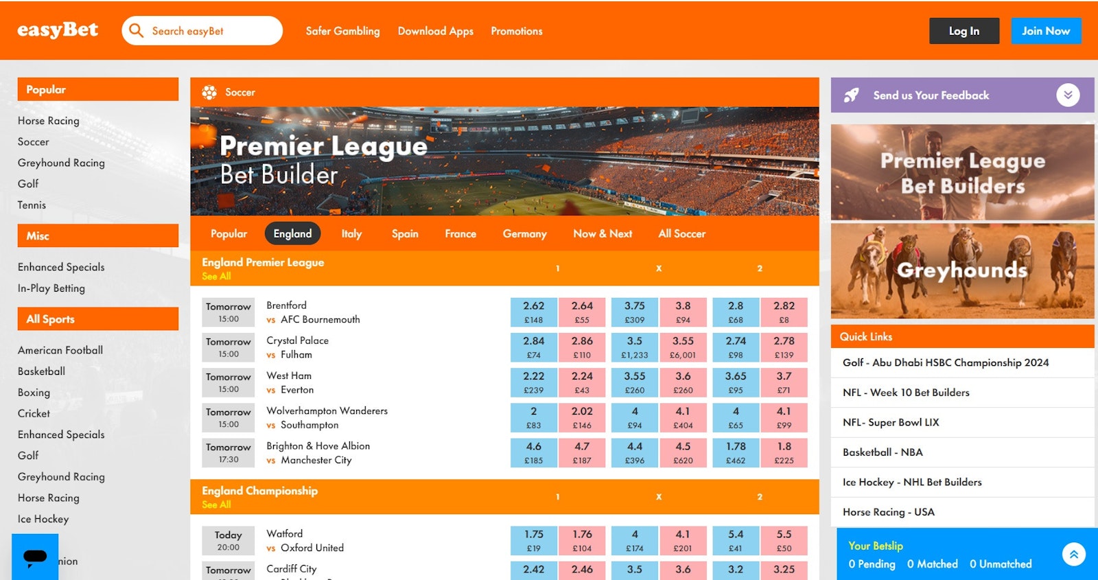 Easy Bet football page