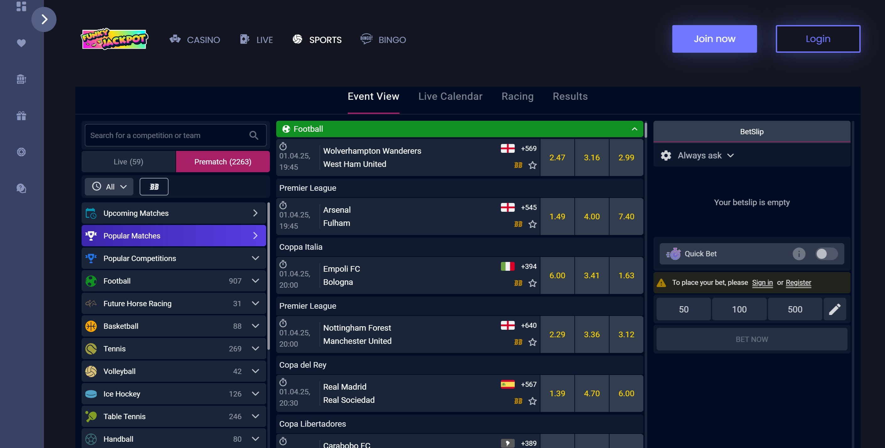 Funky Jackpot sports page