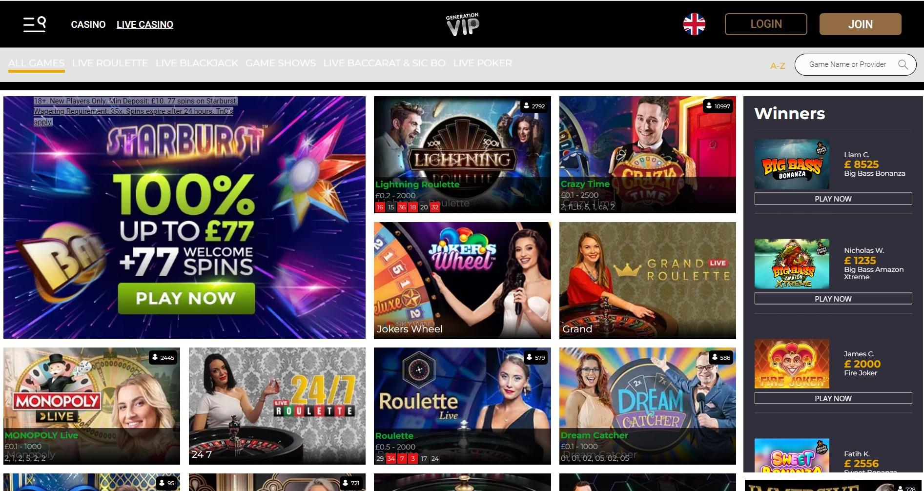 Generation VIP live casino page