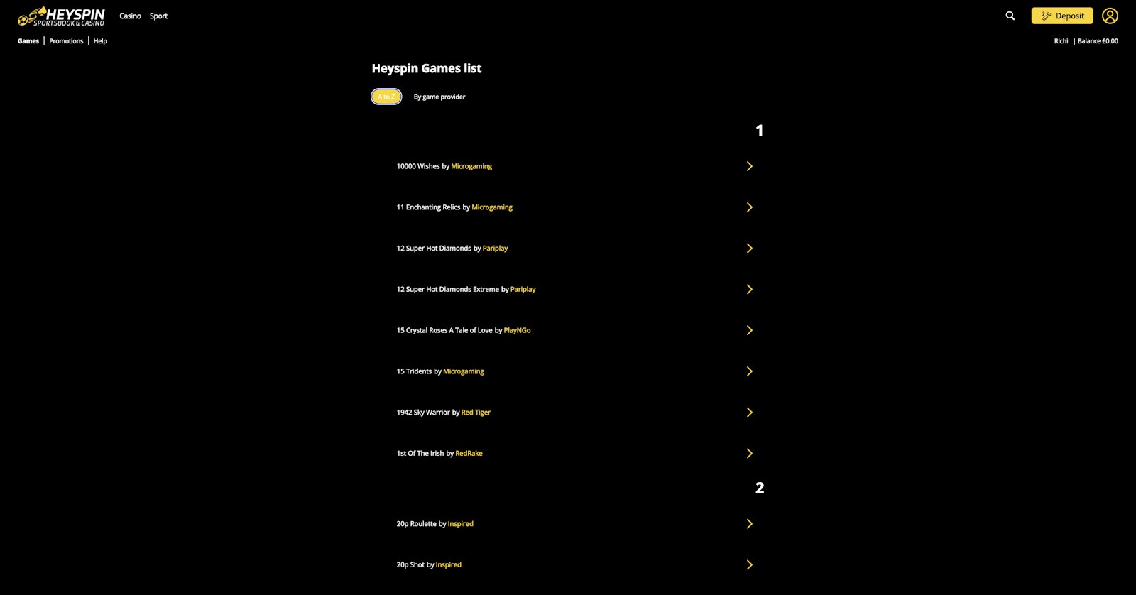 HeySpin List of Games