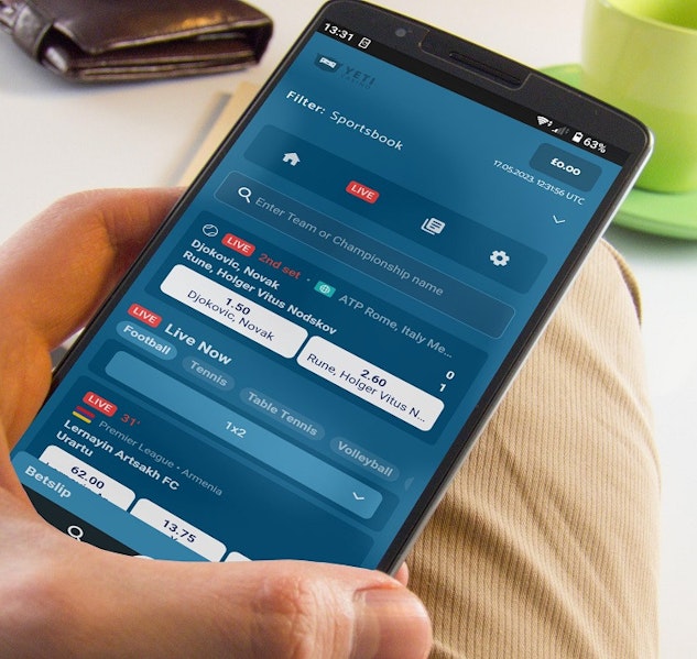 Home screen of the Yeti Bet mobile app on an Android phone
