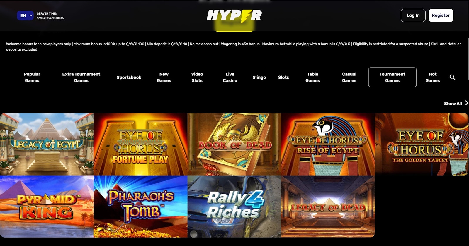 Hyper Casino Tournaments page