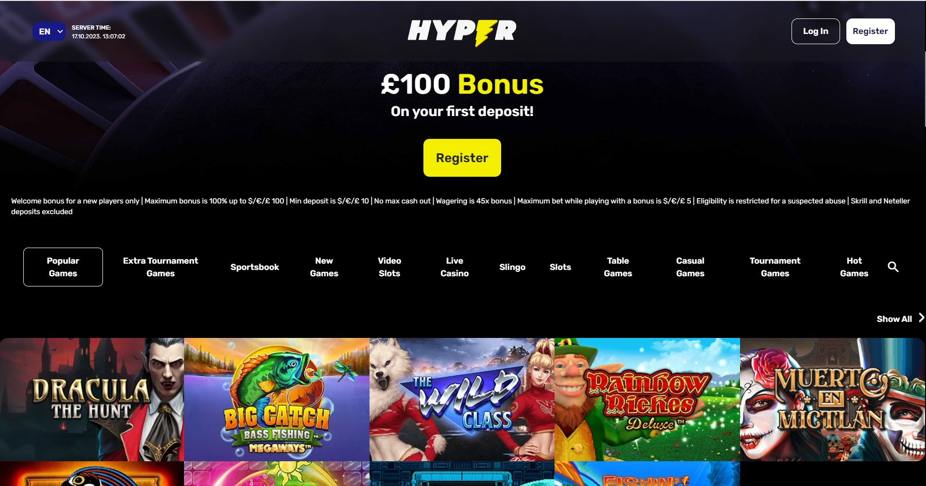 Hyper Casino homepage