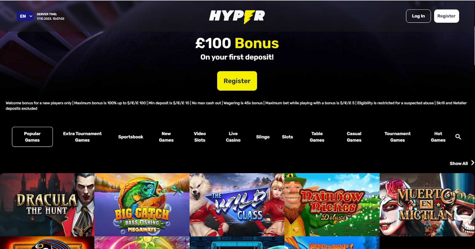 Hyper Casino homepage