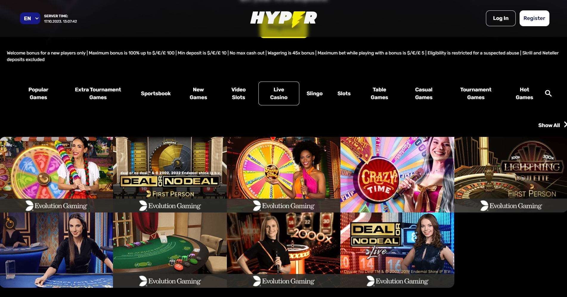 Hyper Casino live games page