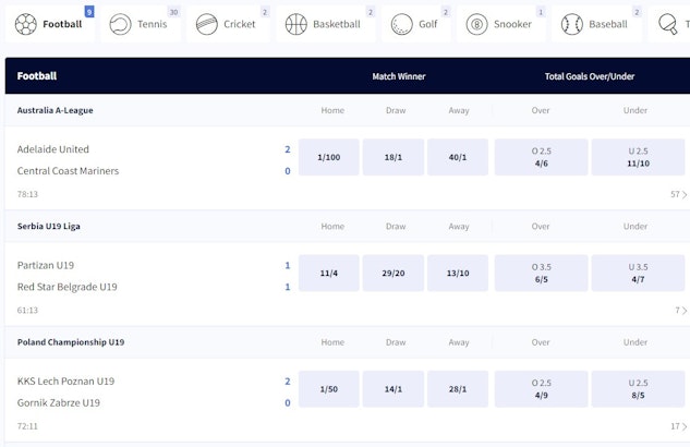 In play betting section at Fafabet