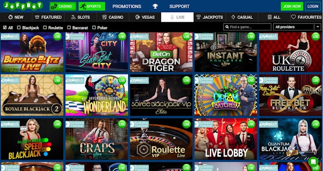 Jeff Bet Live casino games menu features over 60 games but could do with a few more gameshow titles too