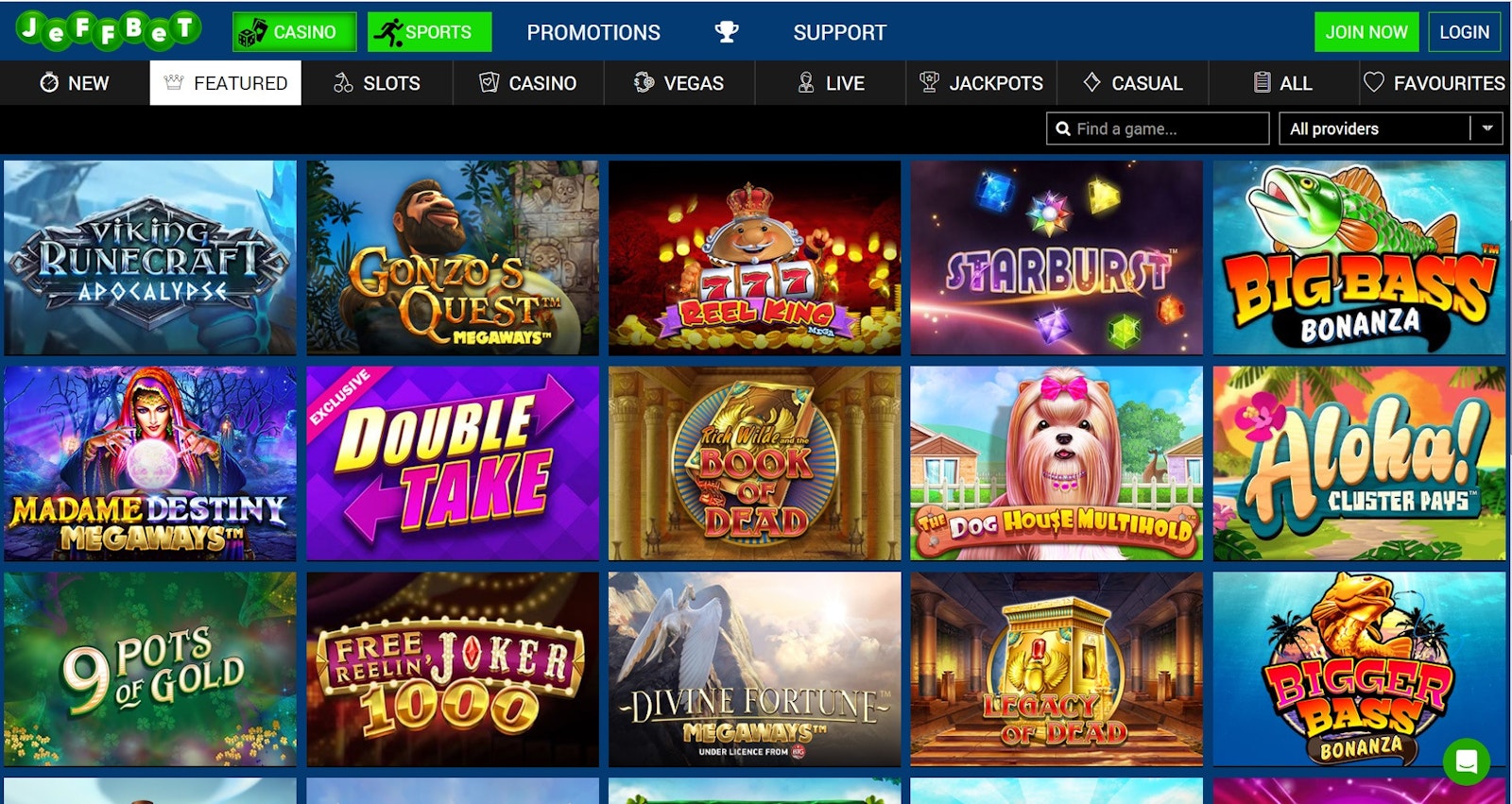 Jeff Bet casino homepage