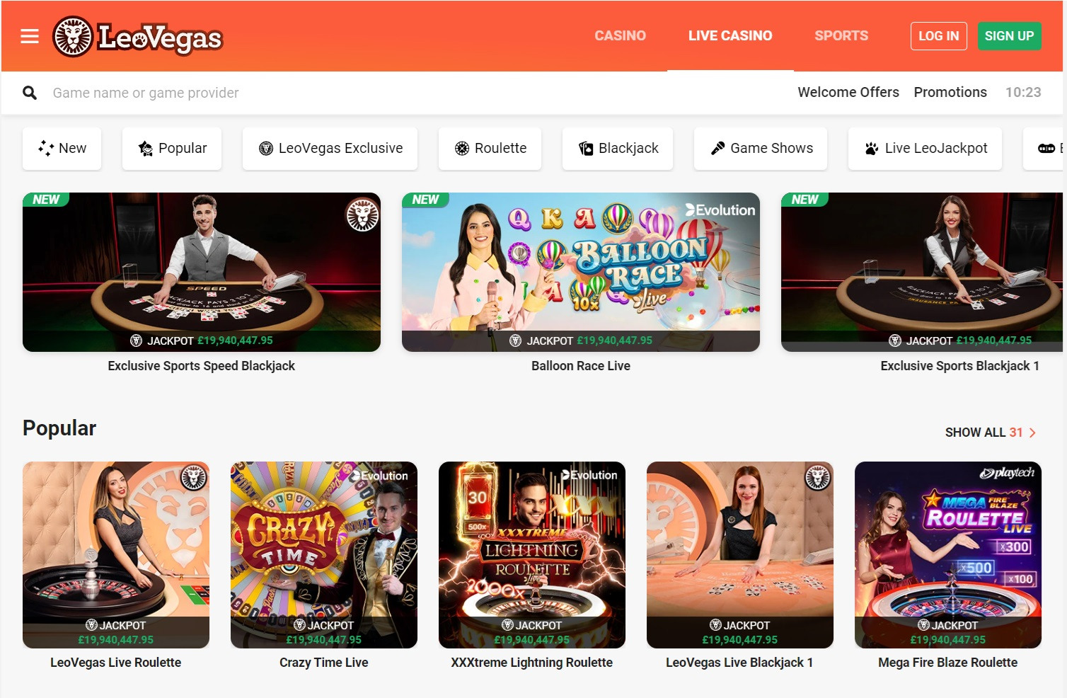 Leovegas live casino page