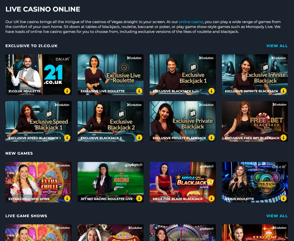 Live Casino games menu at 21 co uk