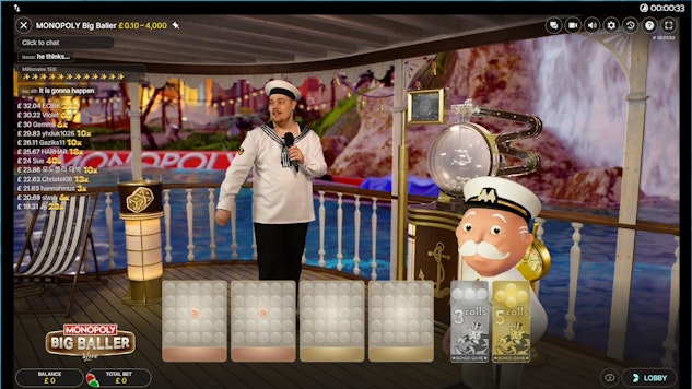Live casino game Monopoly Big Baller in game with host presenting