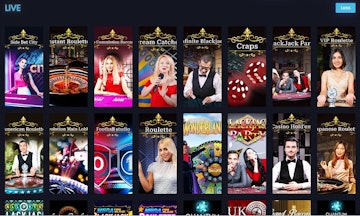 Live games menu listing the first 16 games including Side Bet City and Instant Roulette
