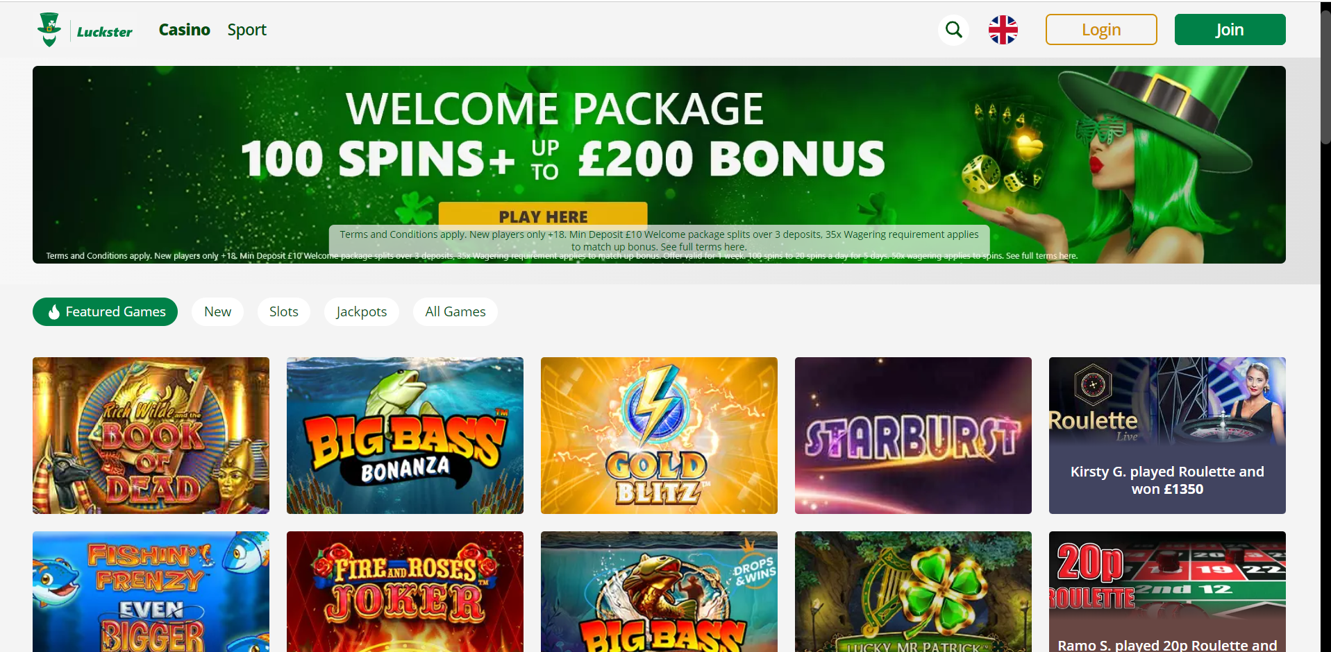 Luckster Casino home page