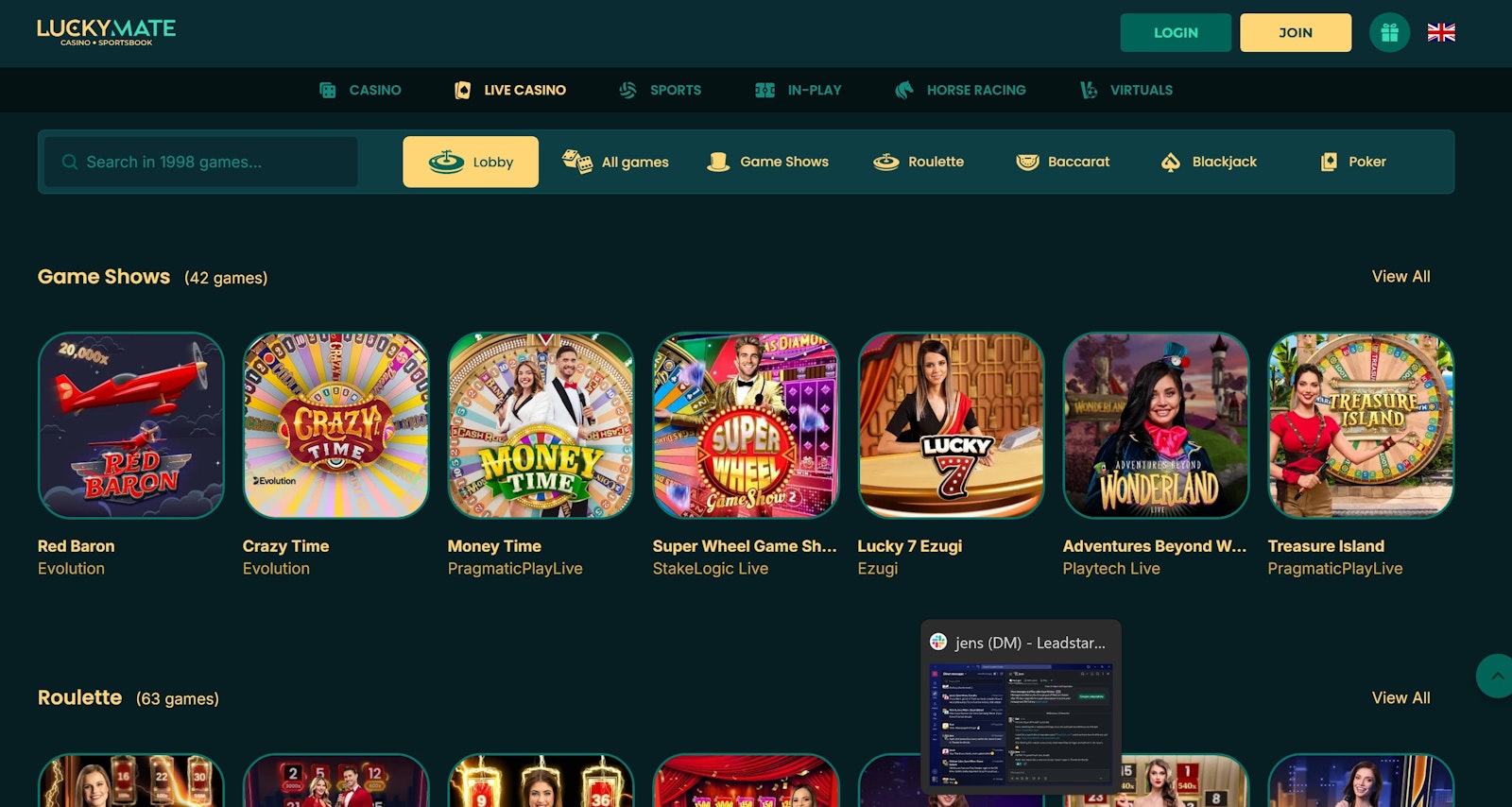 Lucky Mate Live Casino Menu