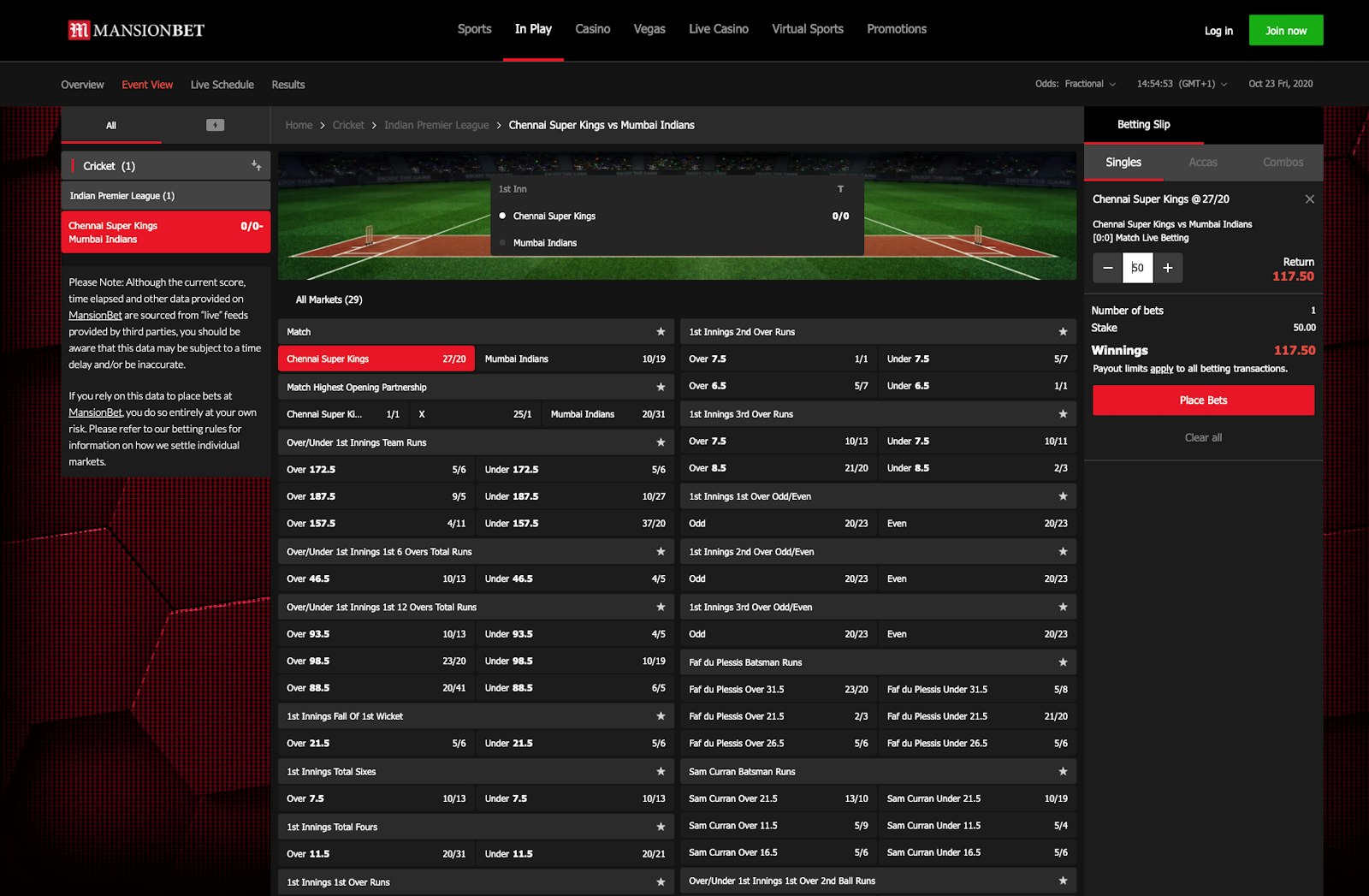 Mansion Bet live betting