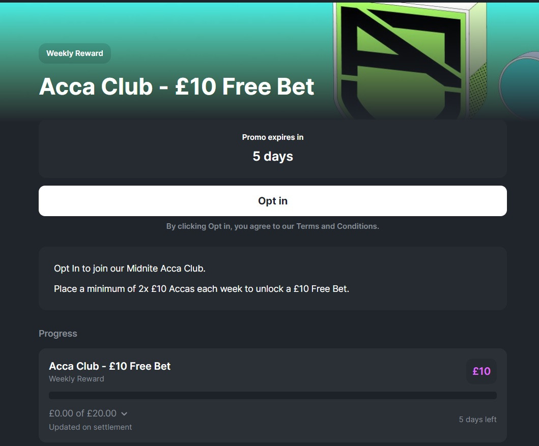 Midnite Acca Club offers a £10 free bet