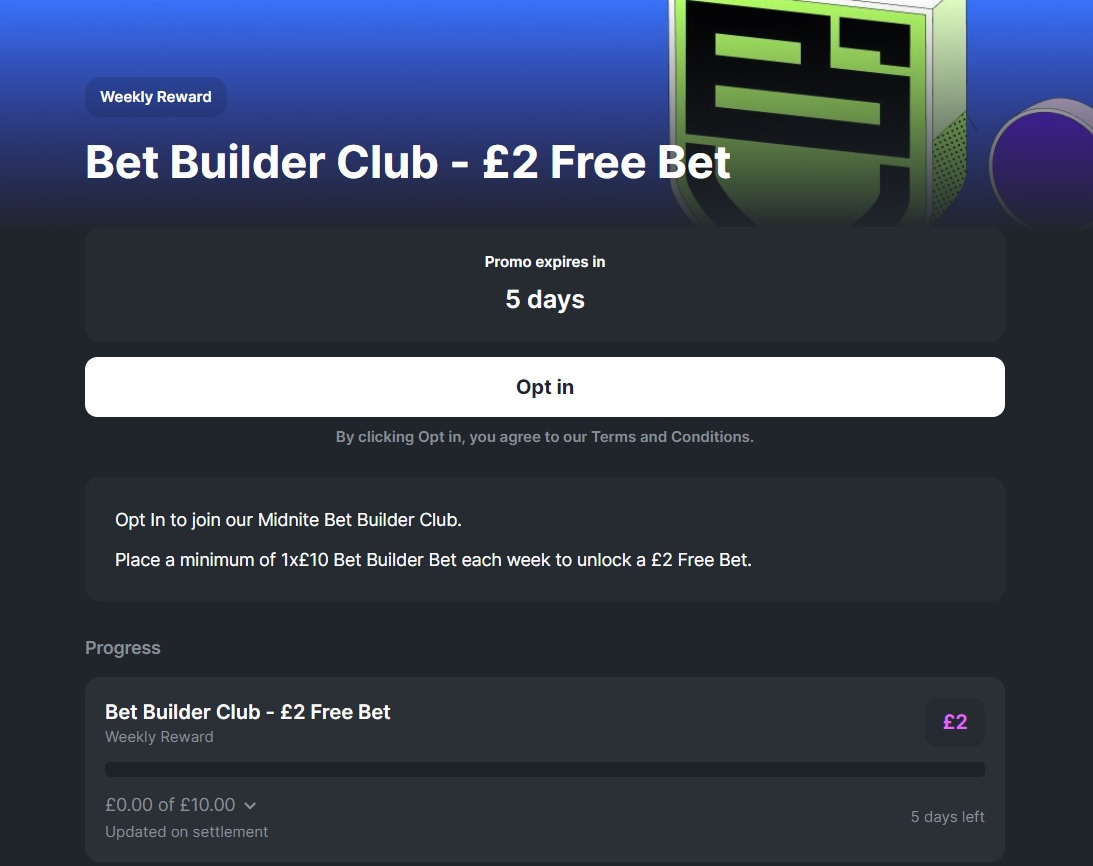 Midnite Bet Builder Club offers a £2 free bet