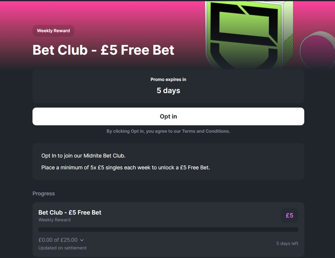 Midnite Bet Club offers a £5 free bet