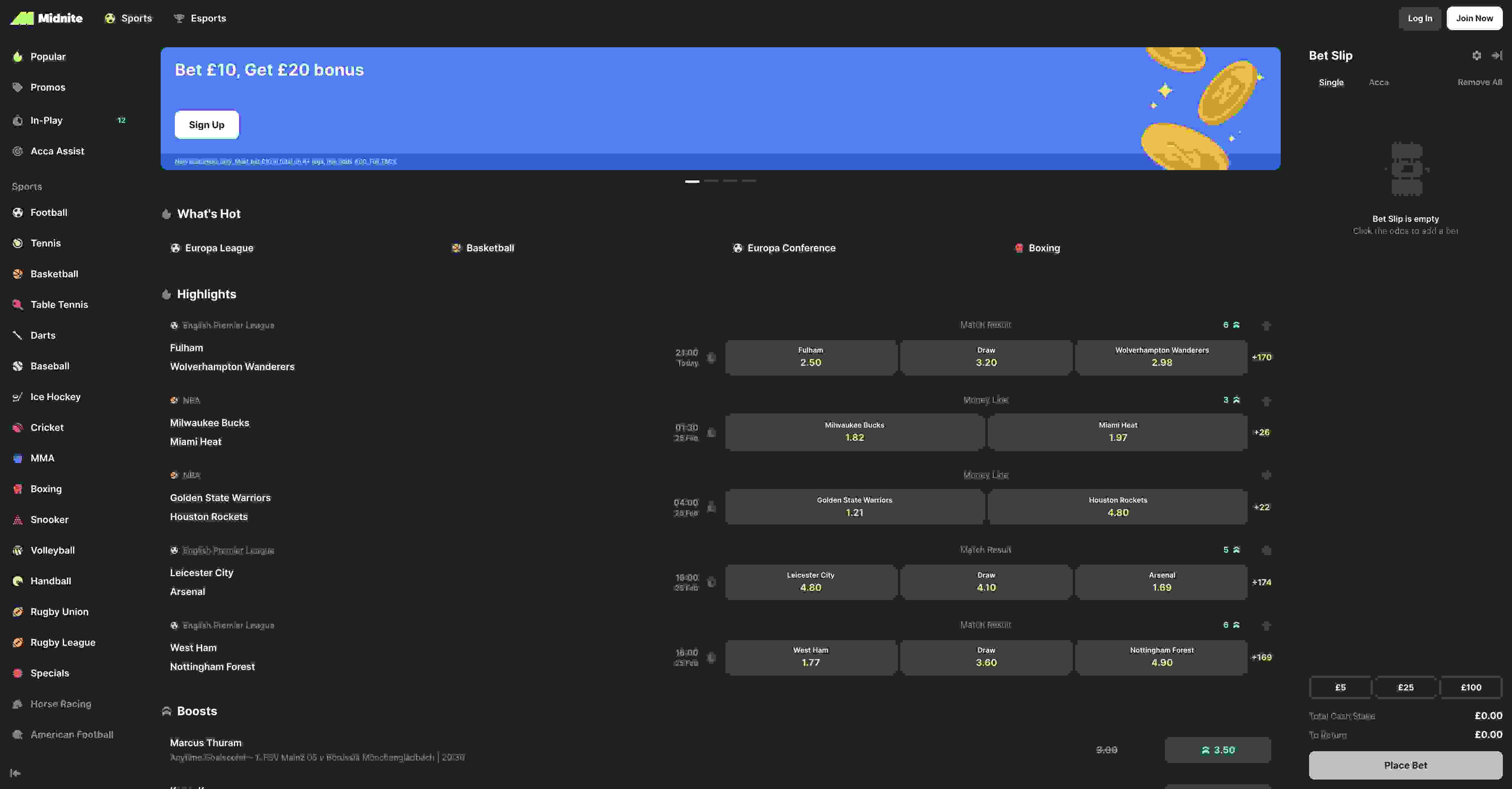 Midnite sports betting homepage