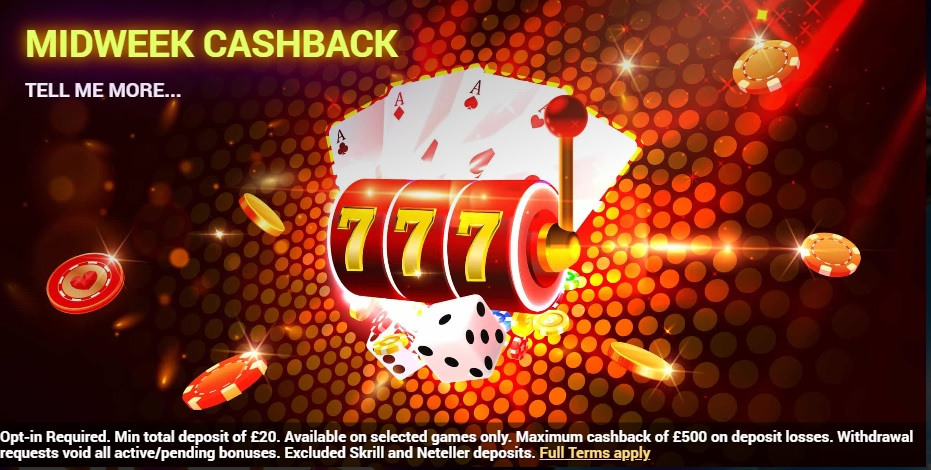 Midweek Cashback offers players the chance to claim 10% cashback on all losses on a Wednesday