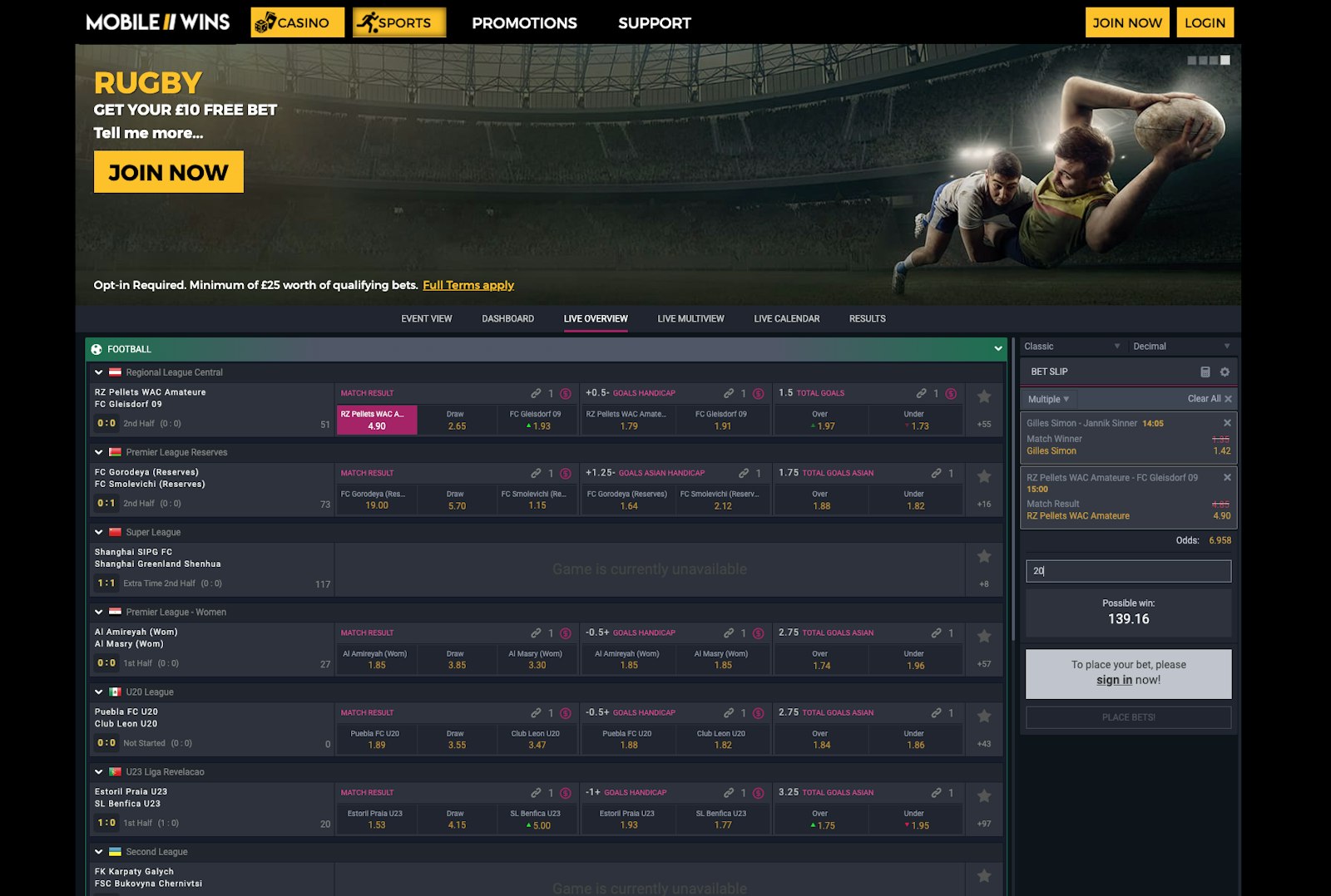 Mobile Wins live betting