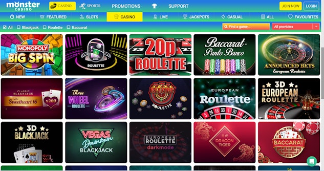 Monster Casino table games menu