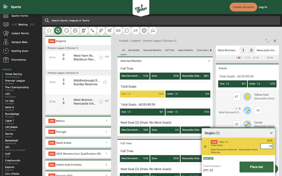 Mr Green Live Betting Interface