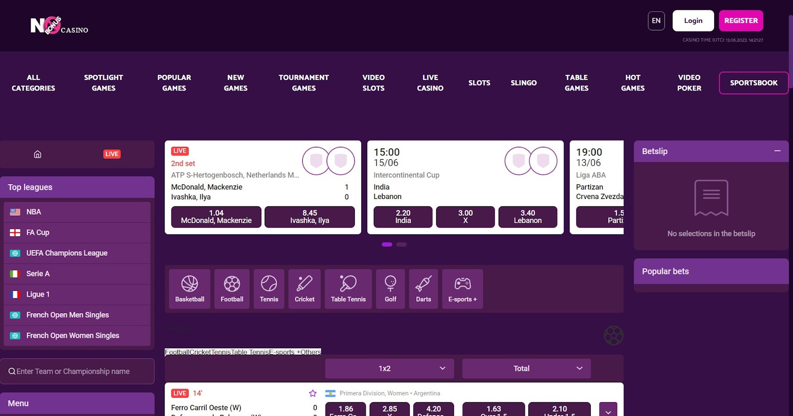 No bonus casino sports homescreen