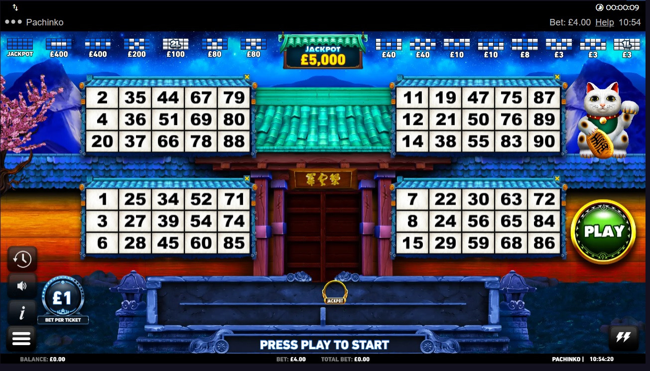 Pachinko Bingo main screen featuring four number cards