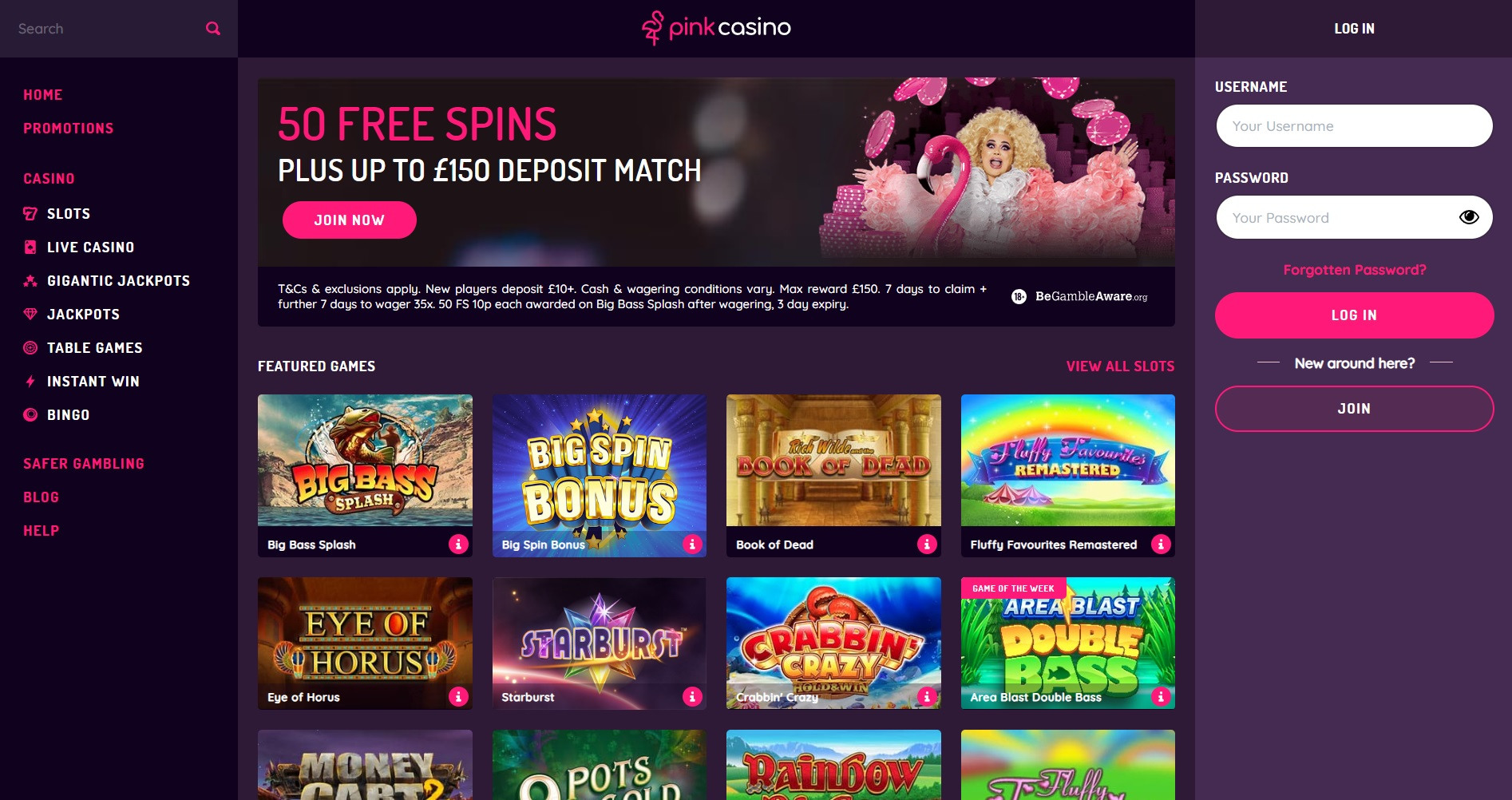 Pink Casino homescreen